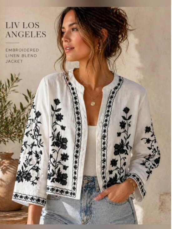 Liv Los Angeles Tops - NWT LIV LOS ANGELES White Black Linen Blend Floral Embroidered Button-Up Shirt